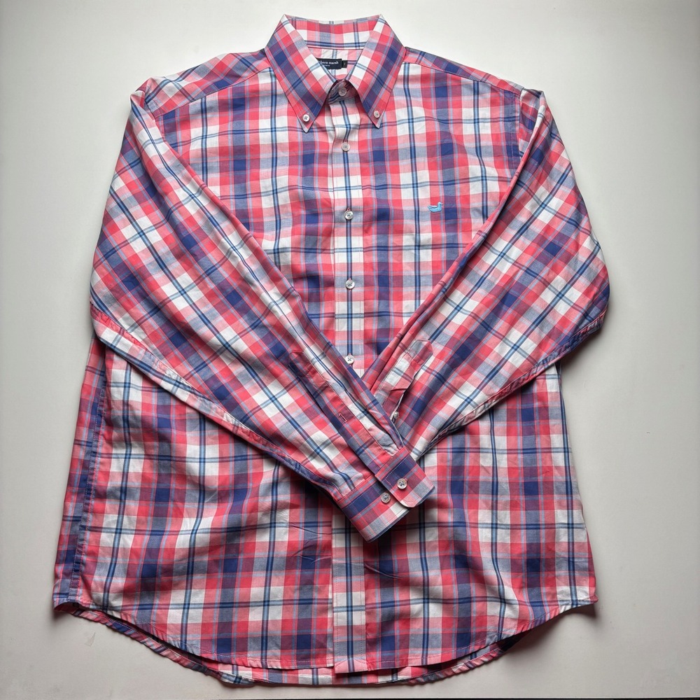 Southern Marsh Men's Large Plaid Button Down Shirt Long Sleeve Duck Logo